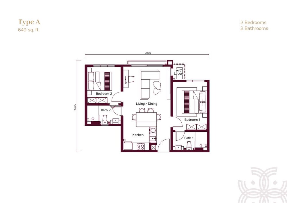 Type A floor plan, 649 sq ft