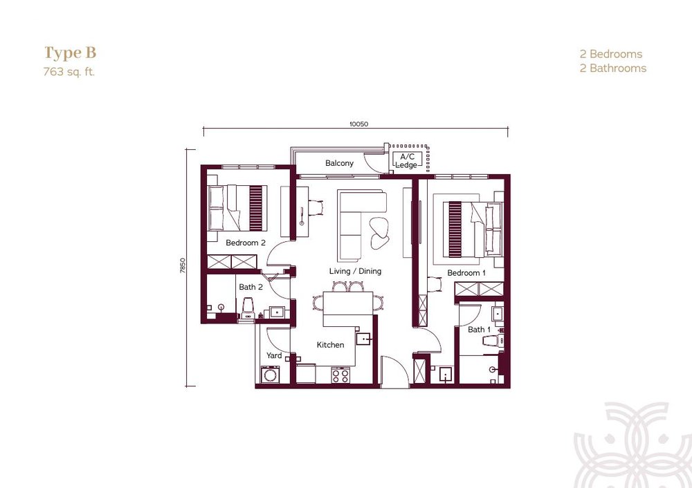 Type B floor plan, 763 sq ft