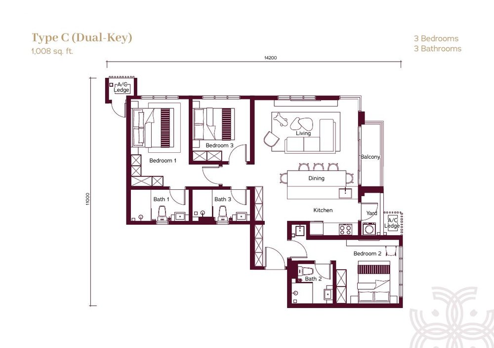 Type C Dual-Key floor plan, 1008 sq ft