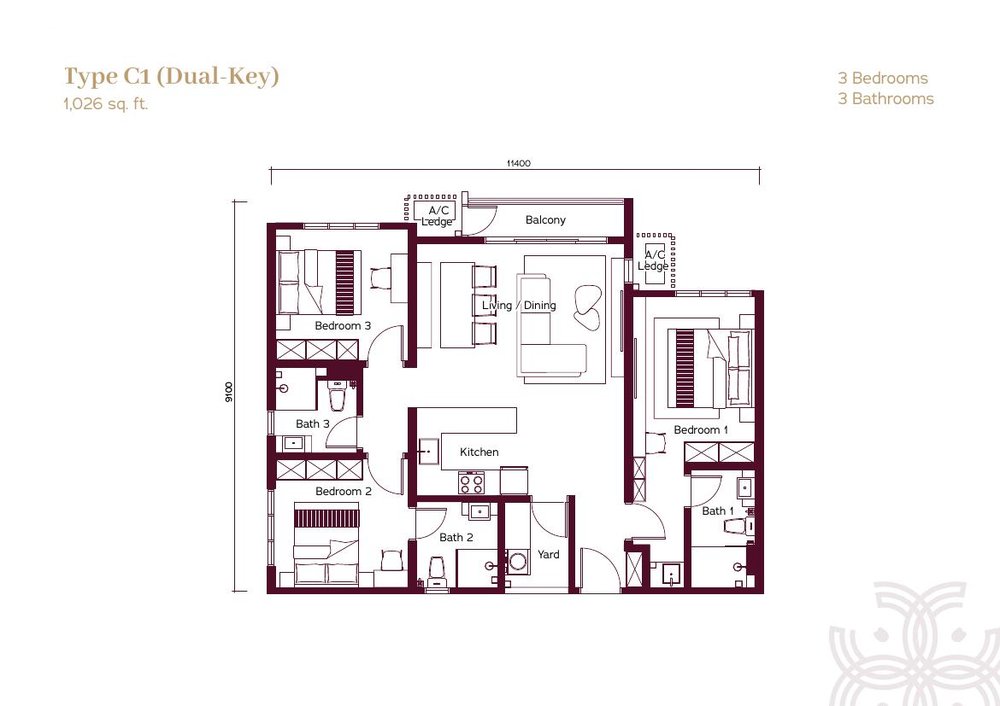 Type C1 Dual-Key floor plan, 1026 sq ft